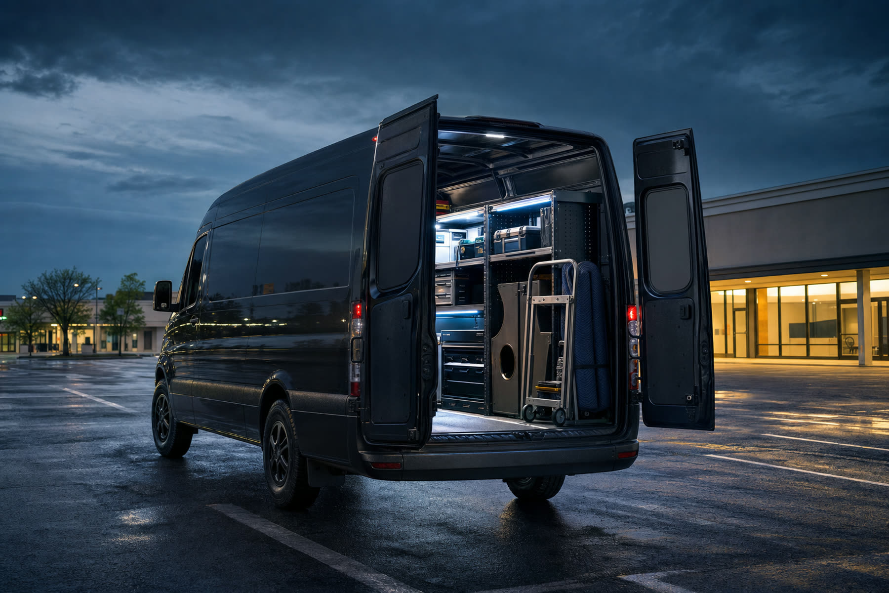 A Black Horn Gaming service van loaded with tools and spare parts, parked outside a retail center at dusk.